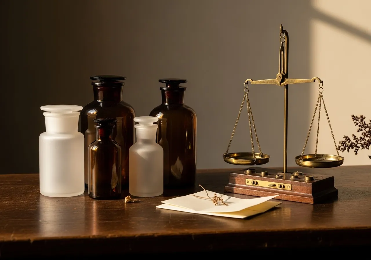 An apothecary compounding bench with amber and frosted glass bottles and a brass balance scale in warm window light